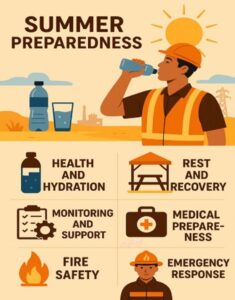 Summer preparedness tips: hydration, recovery, safety, emergency.