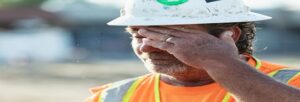 Construction worker covering face outdoors.