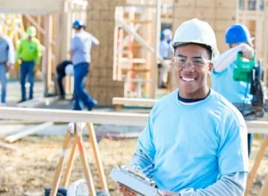 Smiling construction worker on building site.
