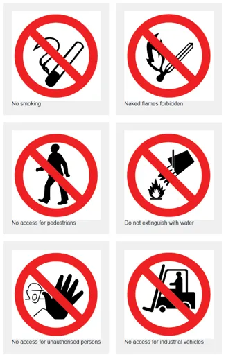 Prohibition signs: no smoking, flames, pedestrians, water, access.