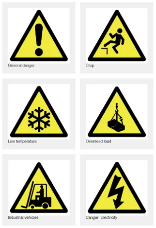 Various safety warning signs for workplace hazards.
